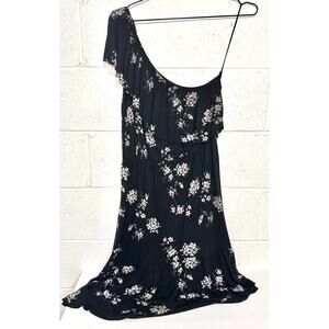 Lucky Brand Black Floral Print Ruffle One Shoulder Dress Womens Size Large
